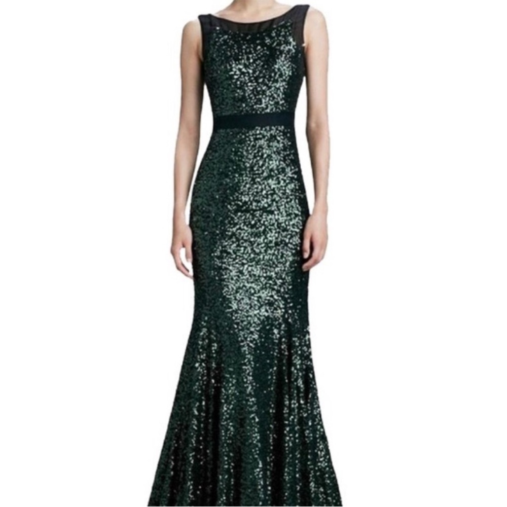 Glam Badgley Mischka Green Sequined Gown Size 0 Evening Cocktail Dress